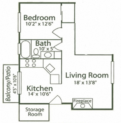 Floor plan for 1 bed, 1 bath, 700 sqft